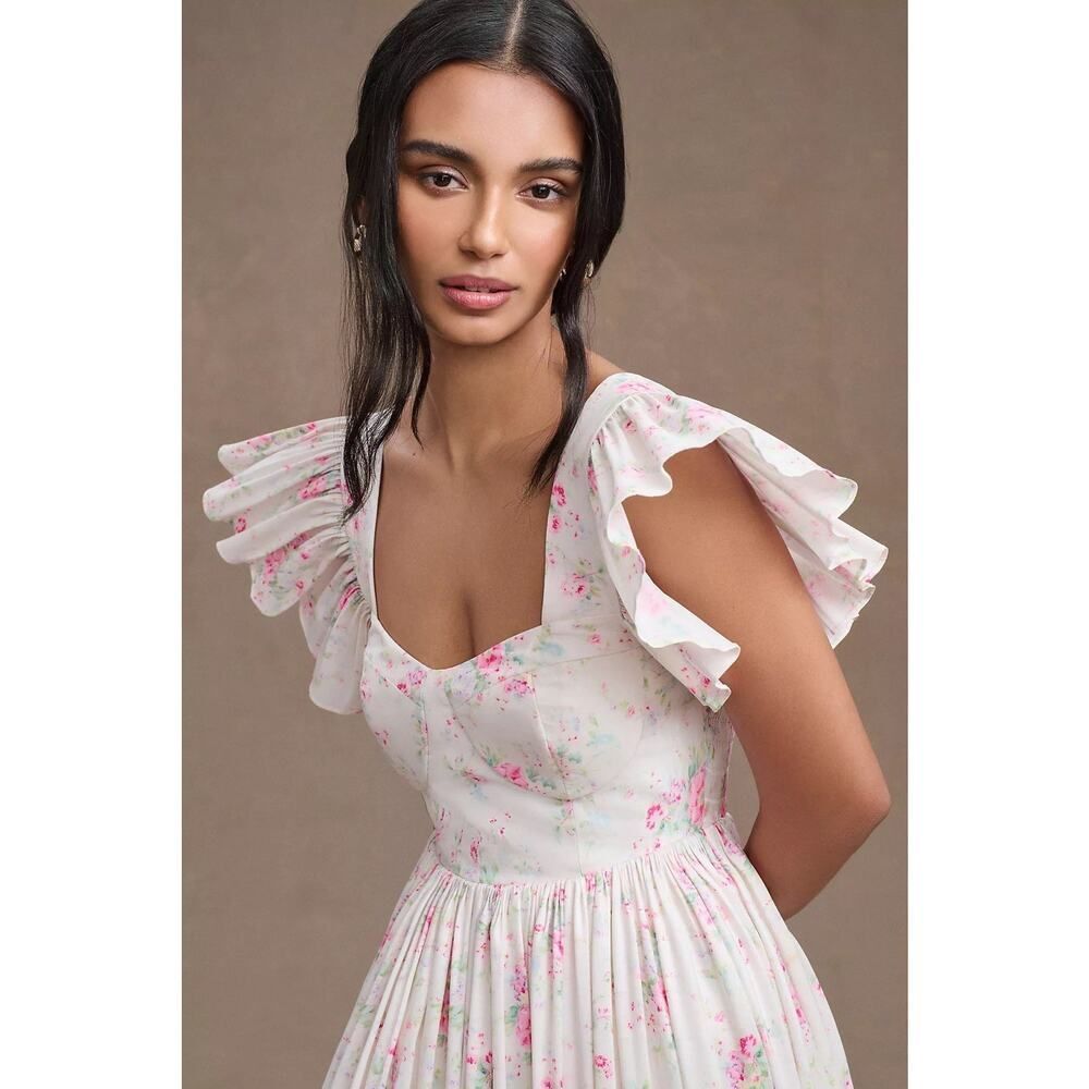 Anthropologie Cream Maxi Dress with Pink Floral Ruffle Sleeves - Picture 4 of 11